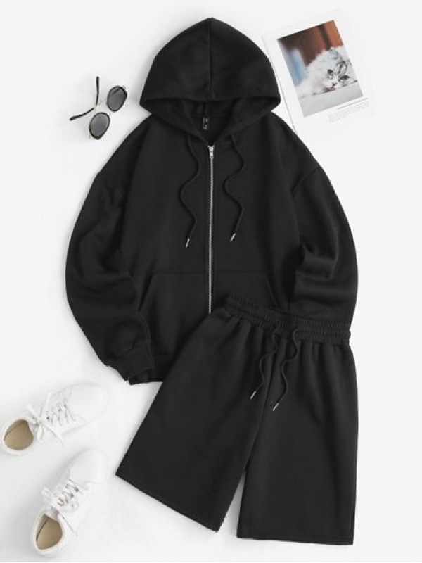 Fleece Lining Zip Up Hoodie And Drawstring Sweat Shorts Set