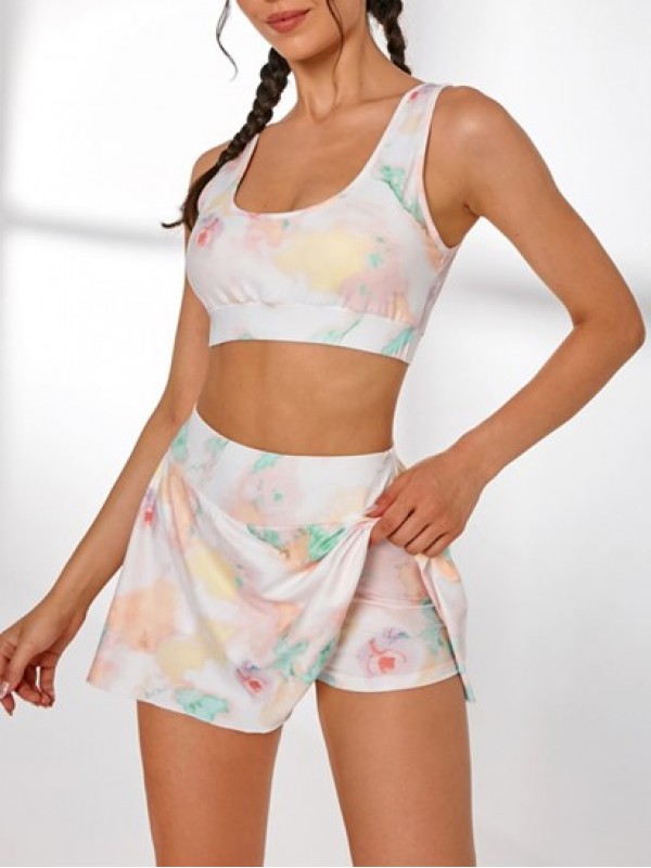 Tie Dye Chest Pad Sport Top And Anti-glare Skirt Set