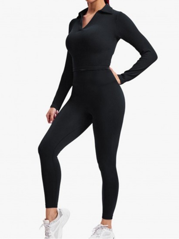 Ribbed Long Sleeves Crop Top And Leggings Sport Yoga Set