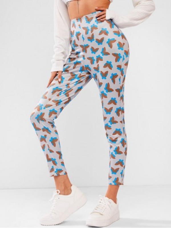 Elastic Waist Butterfly Print Stretchy Leggings