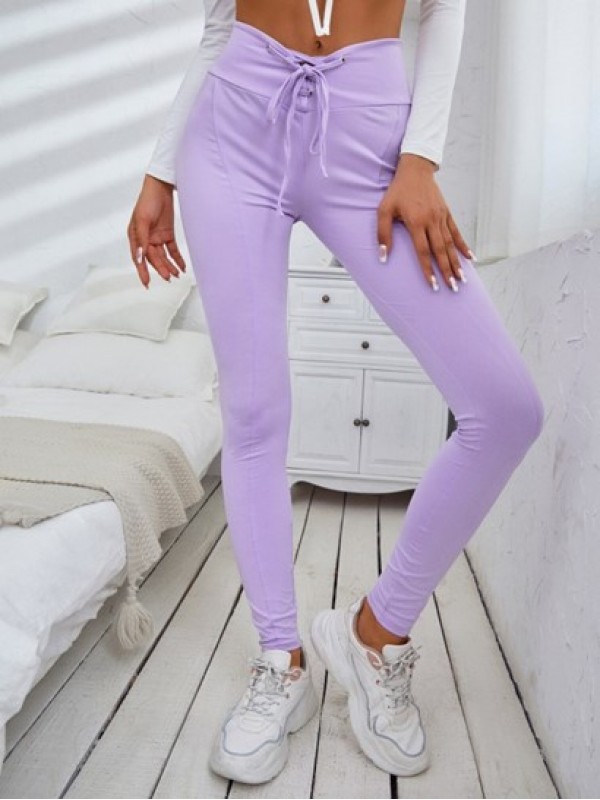 Solid Lace Up High Waisted Leggings