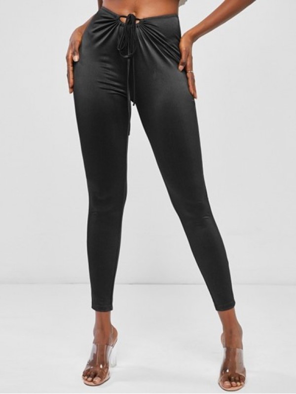 High Waisted Drawstring Tie Cut Out Ruched Leggings