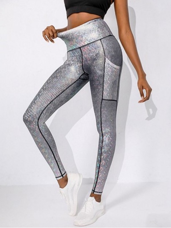 Reflective Glitter Metallic Silver Topstitching Pocket Gym Yoga Leggings