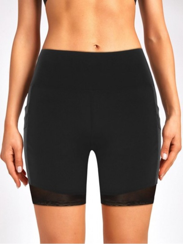 Sheer Mesh Spliced Pocket Solid Color Sports Gym Shorts