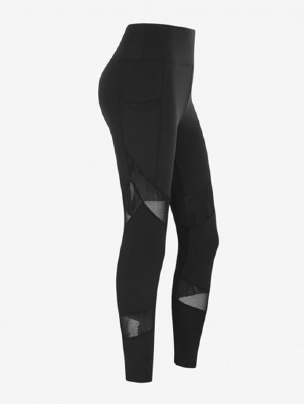 See-through Mesh Spliced Wide Waistband Sports Leggings