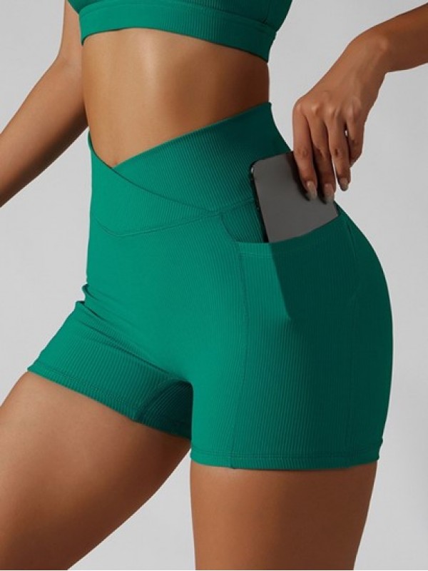 Cross Waist Side Pockets Textured Scrunch Butt Sports Biker Shorts