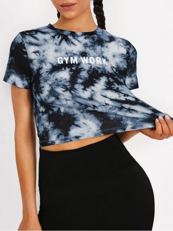 Tie Dye Letter Print Short Sleeve Gym T Shirt