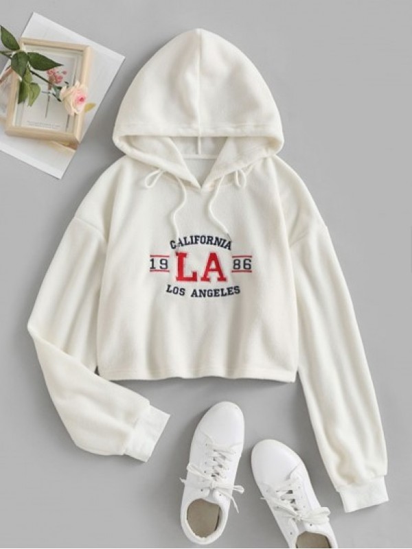 Fluffy Polar Fleece Letter Embroidered Crop Hoodie