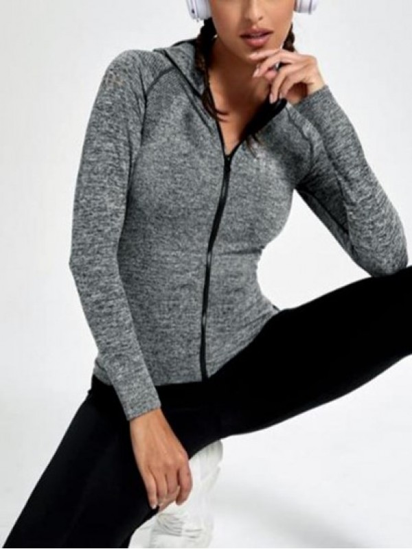 Hollow Out Design Marled Printed Zip Up Hooded Sports Yoga Jacket