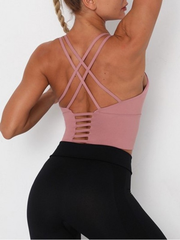 Spaghetti Strap Solid Color Criss-Cross Sports Bra