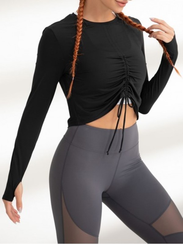 Drawstring Ruched Solid Color Long Sleeves Sports Top With Thumb Hole