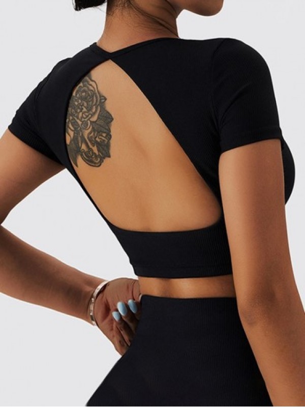 Cutout Backless Sexy Textured Padded Plain Short Sleeves Cropped Sports Yoga Tee