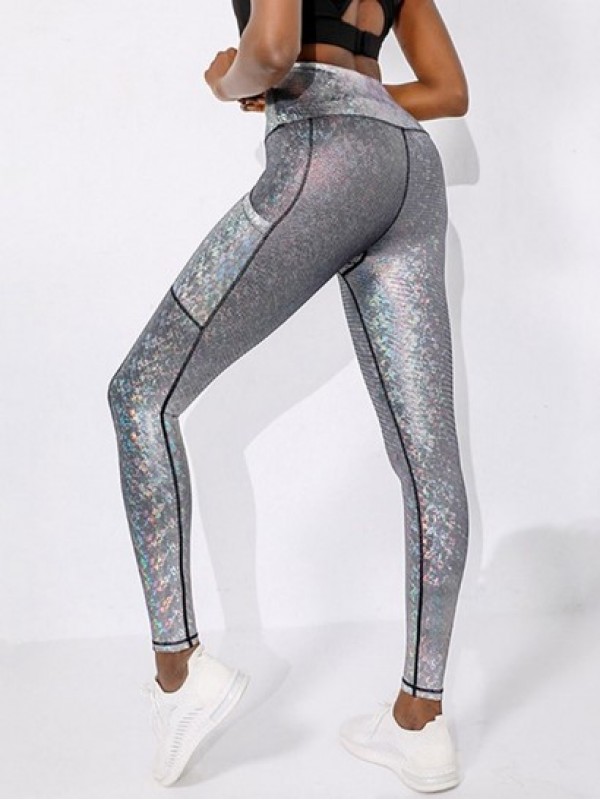 Reflective Glitter Metallic Silver Topstitching Pocket Gym Yoga Leggings