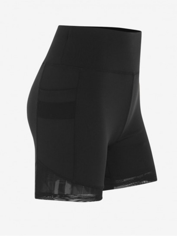 Sheer Mesh Spliced Pocket Solid Color Sports Gym Shorts