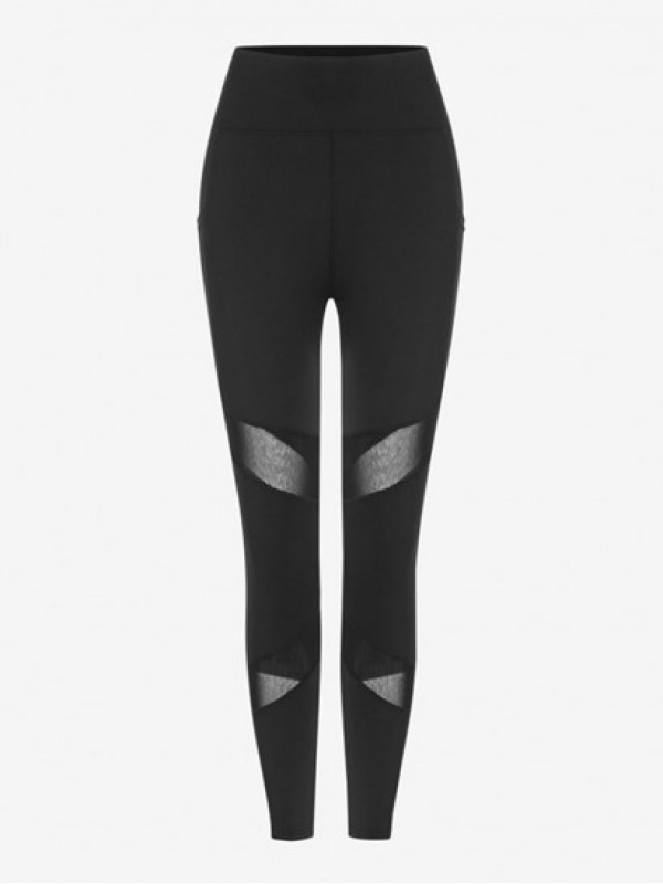 See-through Mesh Spliced Wide Waistband Sports Leggings