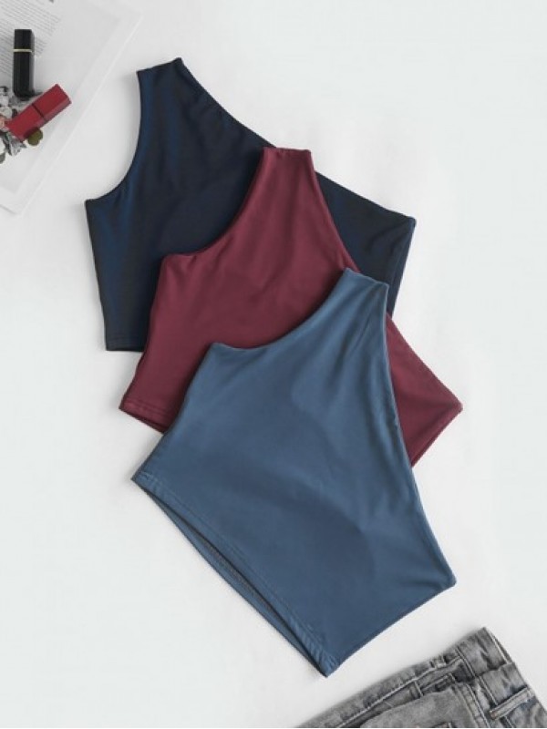 3Pcs One Shoulder Cut Out Sports Tank Top