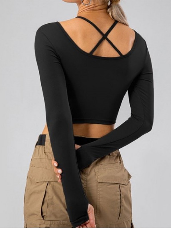 Crisscross Back Long Sleeves Sports Yoga Crop Top With Thumb Holes