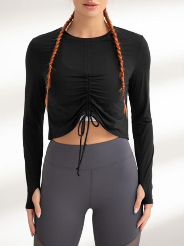 Drawstring Ruched Solid Color Long Sleeves Sports Top With Thumb Hole