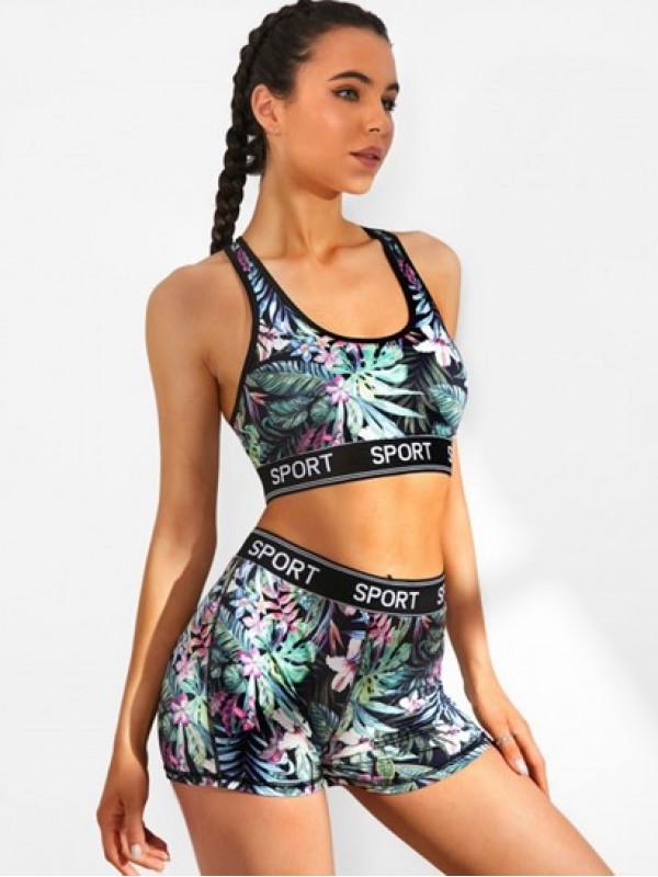 Tropical Print Racerback Padded Skinny Shorts Set