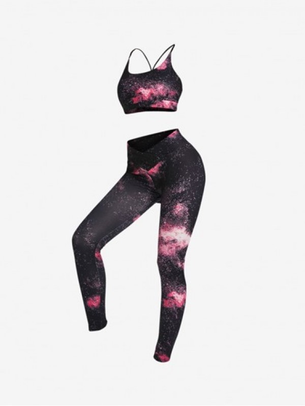 Splash Print Criss Cross Back Sports Bra And Yoga Pants Set