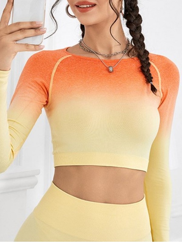 Ombre Color Long Sleeves Crop Top And High Waist Leggings Sports Yoga Set