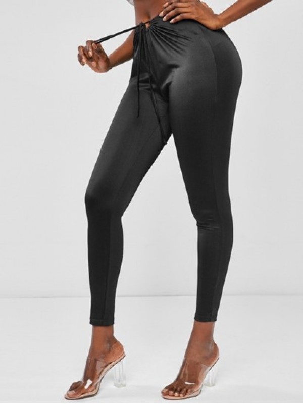 High Waisted Drawstring Tie Cut Out Ruched Leggings