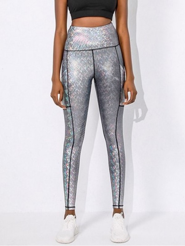 Reflective Glitter Metallic Silver Topstitching Pocket Gym Yoga Leggings