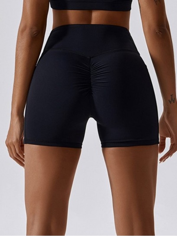 Asymmetrical Waist Back Ruched Sports Shorts With Phone Pocket