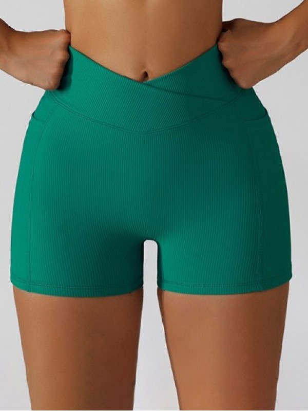 Cross Waist Side Pockets Textured Scrunch Butt Sports Biker Shorts