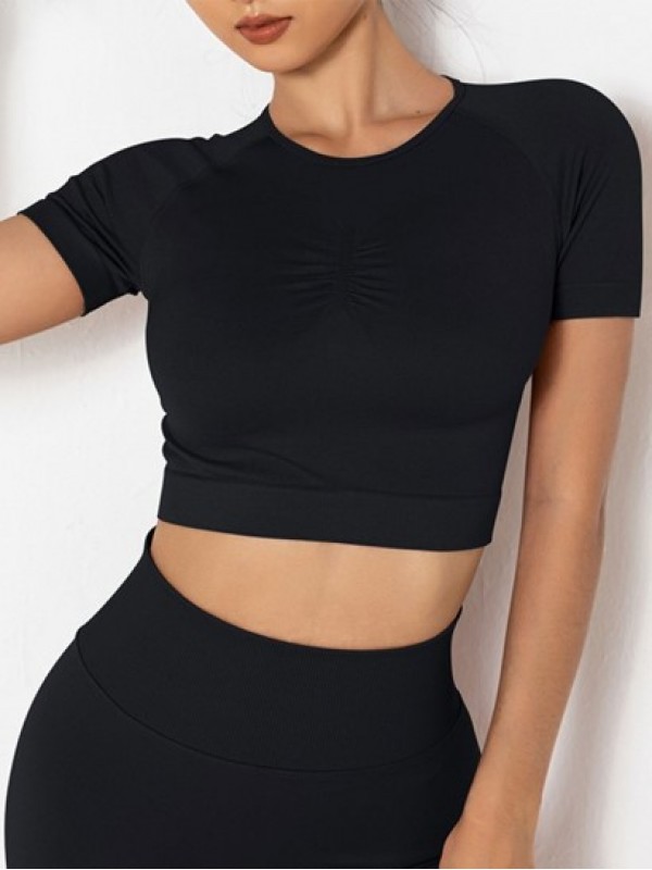 Ruched Seamless Knit Solid Color Short Sleeve Sport Top