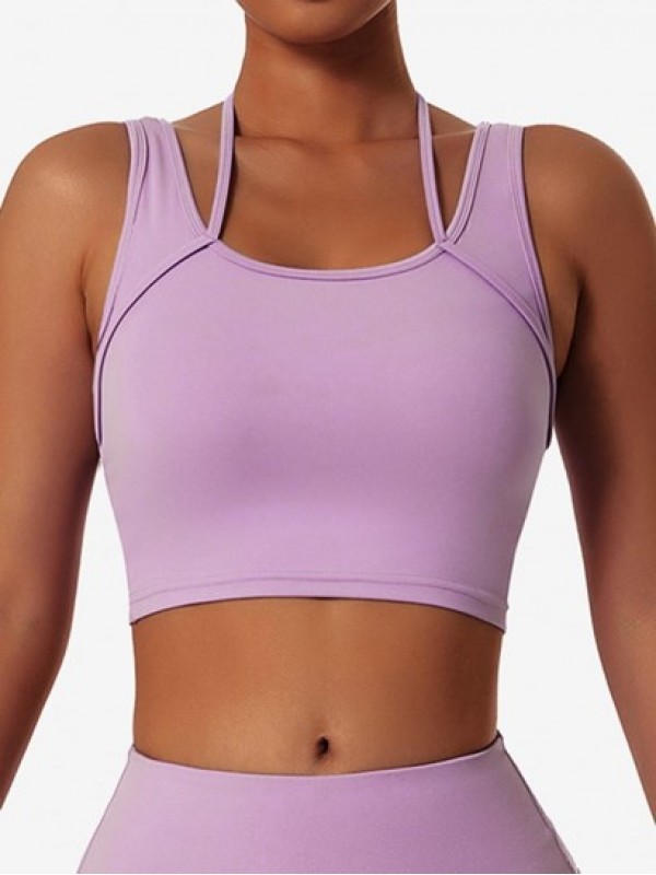 Double Layered Strappy Halter Design Sports Bra