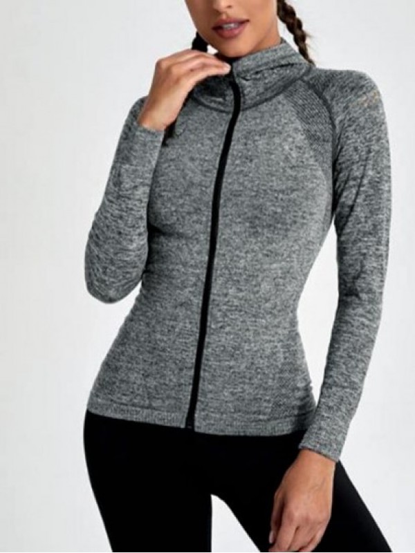 Hollow Out Design Marled Printed Zip Up Hooded Sports Yoga Jacket