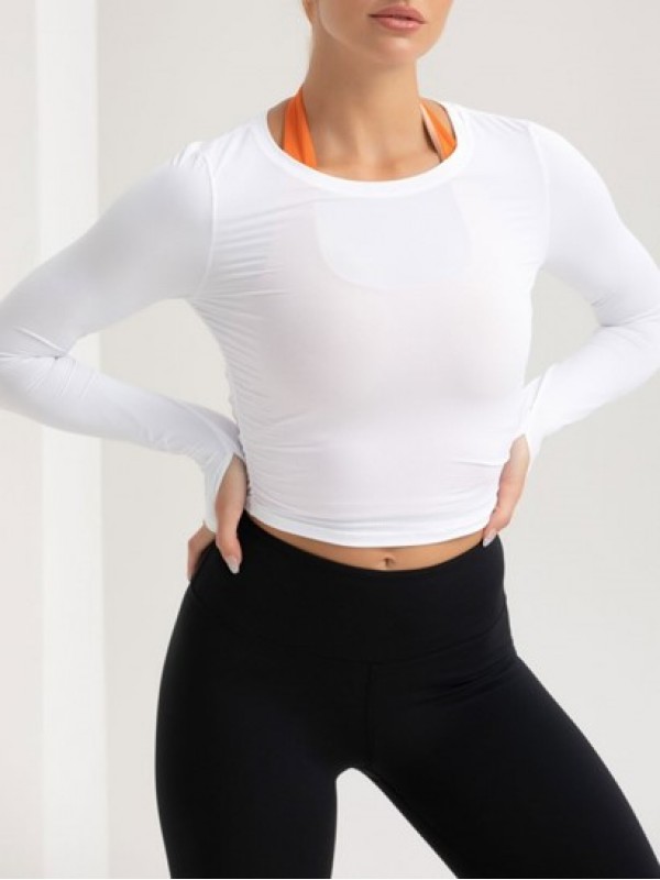 Side Ruched Design Solid Color Yoga Top With Thumb Hole