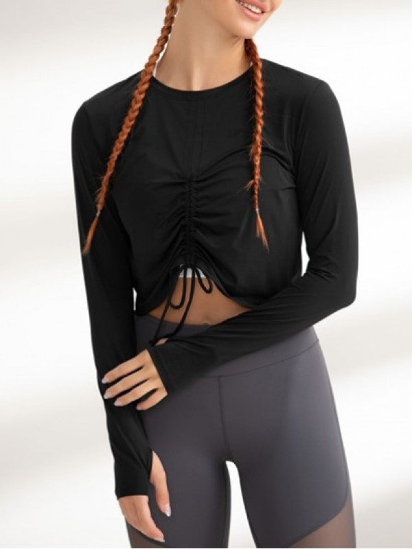 Drawstring Ruched Solid Color Long Sleeves Sports Top With Thumb Hole