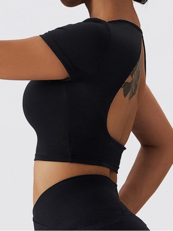 Cutout Backless Sexy Textured Padded Plain Short Sleeves Cropped Sports Yoga Tee