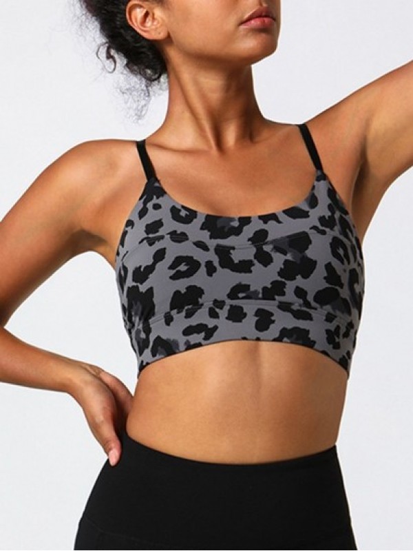 Leopard Pattern Cut Out Backless Sports Bra