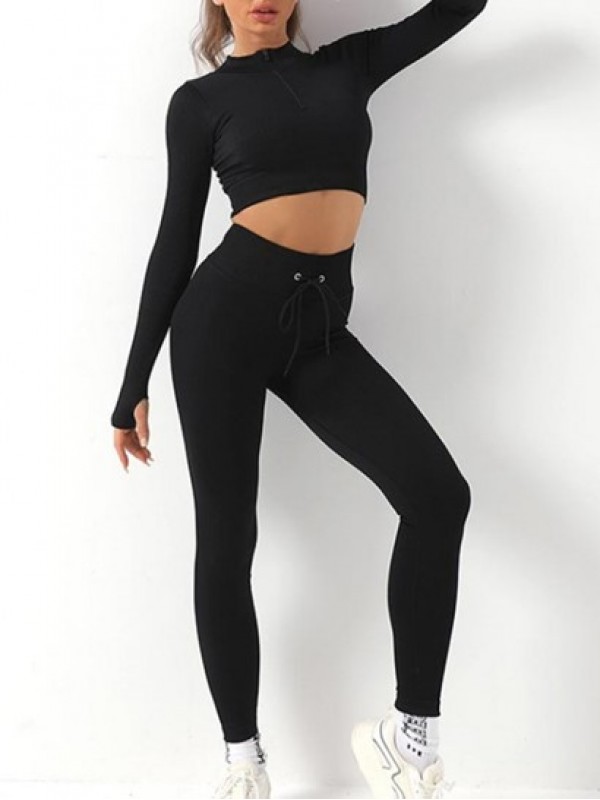 Half Zip Thumb Hole Ribbed Crop Top With Lace Up Leggings Athleisure Gym Sports Yoga Knitted Two Piece Set