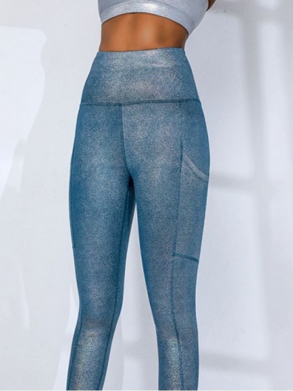 Glitter Metallic Sequin Yoga Leggings With Phone Pocket