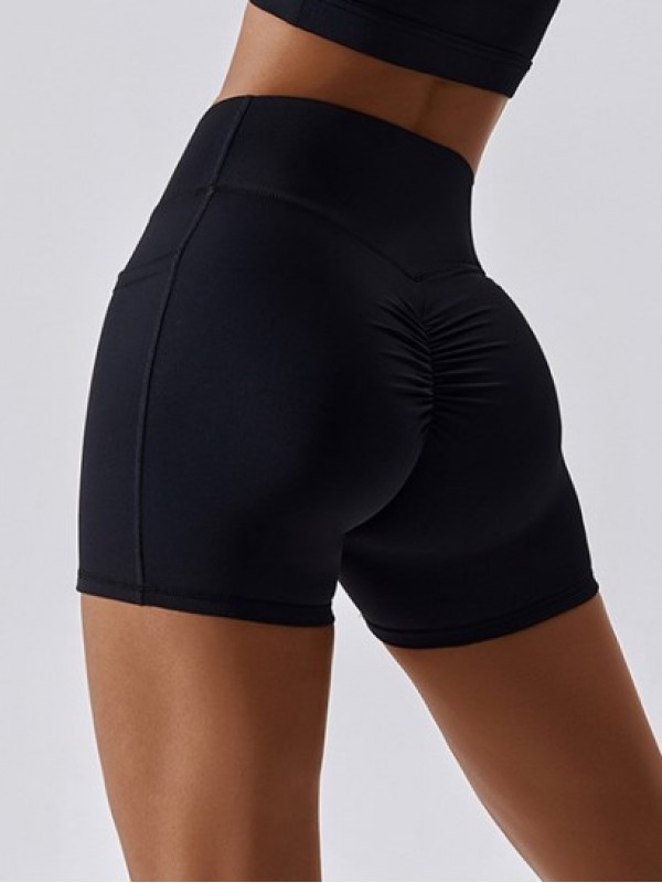 Asymmetrical Waist Back Ruched Sports Shorts With Phone Pocket