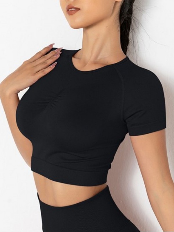 Ruched Seamless Knit Solid Color Short Sleeve Sport Top