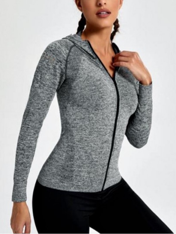 Hollow Out Design Marled Printed Zip Up Hooded Sports Yoga Jacket