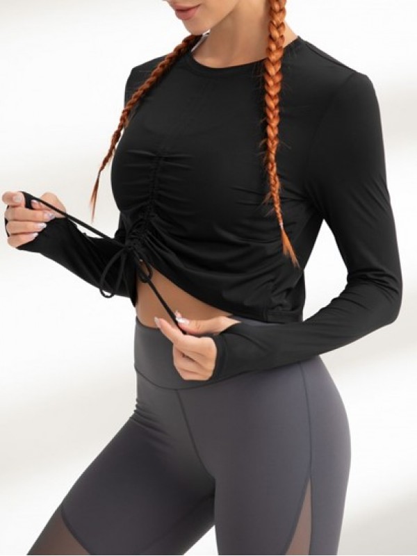 Drawstring Ruched Solid Color Long Sleeves Sports Top With Thumb Hole