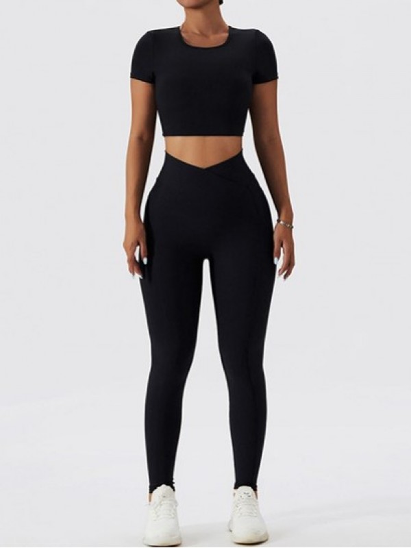 Cutout Backless Sexy Textured Padded Plain Short Sleeves Cropped Sports Yoga Tee